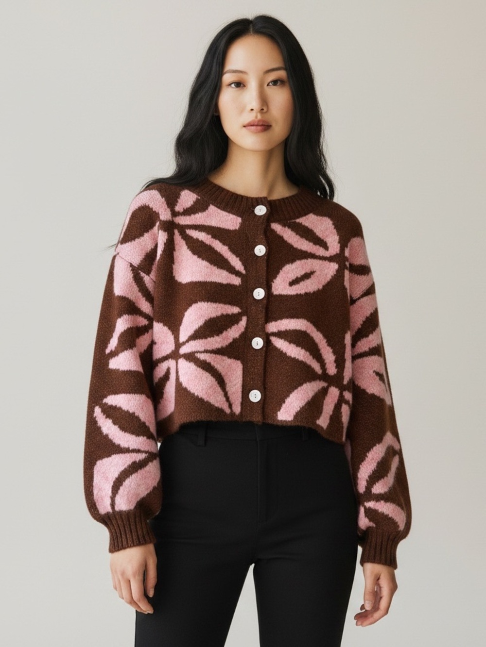 Vrg Grl Brown & Pink Floral Knit Button Cardigan